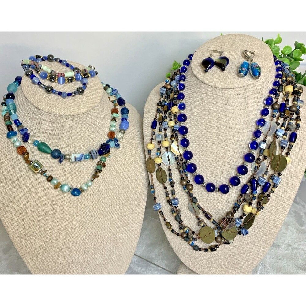 Blue Glass Bead Jewelry Lot Coastal Ocean Cottage Coldwater Creek Necklace